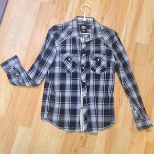 Mens Black and Gray Plaid Button Down Shirt - M